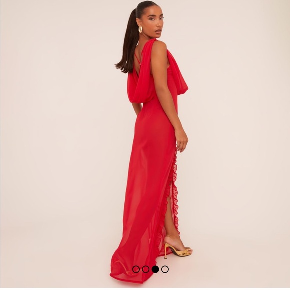 COWL NECK LACE BUST DETAIL SPLIT MAXI DRESS IN RED SOFT WOVEN- Size 2-Brand New - Picture 4 of 5